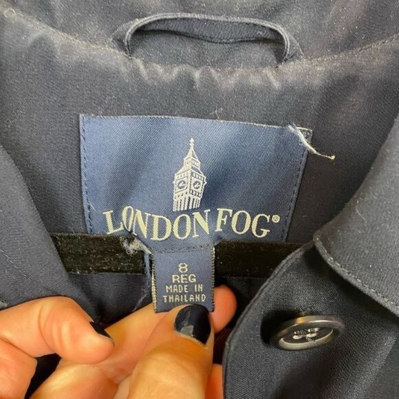 Vintage London Fog Navy Blue Long Trench Painter Coat Button Classic Style Sz 8 - Picture 4 of 9
